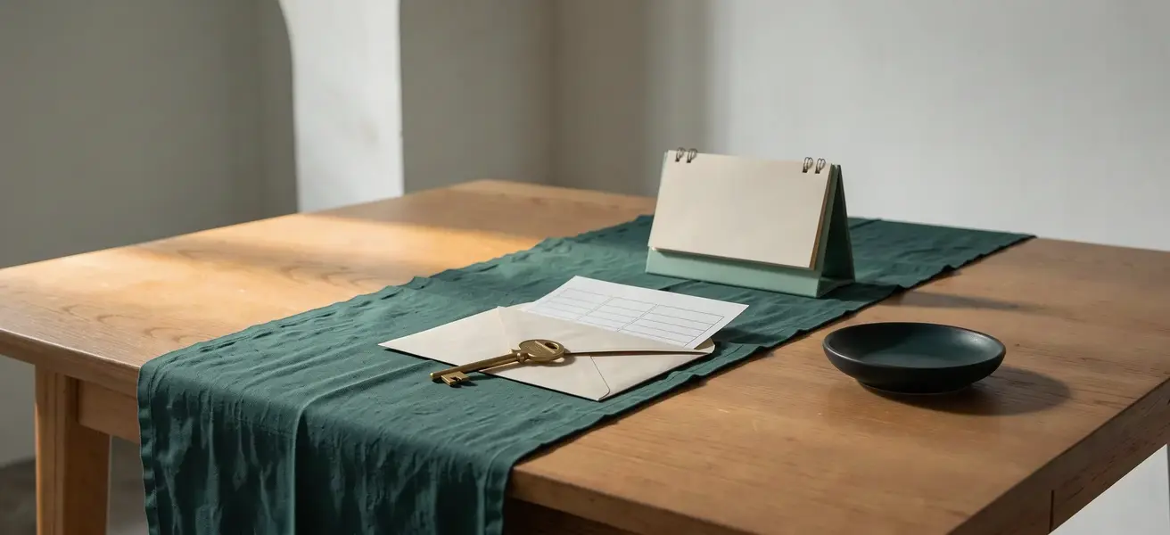 Envelope aberto com uma folha em branco e uma chave de latão por cima, ao lado de um calendário de mesa, sobre uma mesa de madeira com caminho verde.